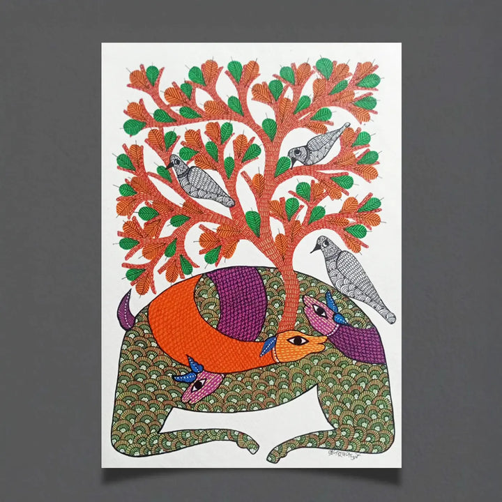 11 x 16 Inch | Deer with Tree & Birds | Original Hand Painted Tribal Gond Art Painting | Acrylic Paint On Paper
