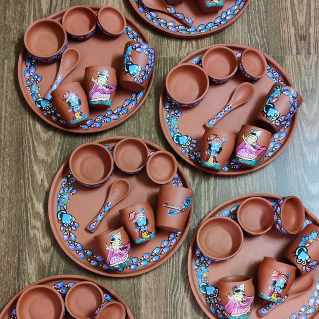 Hand-Painted Krishna Theme Terracotta Bhog Thali | Set Of 8