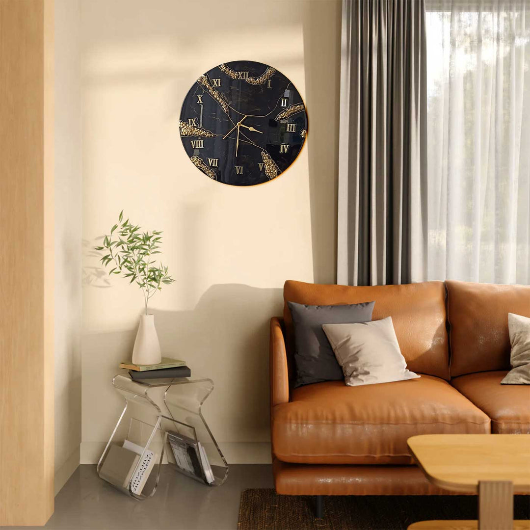 Handmade Black & Gold Marble Theme Resin Wall Clock