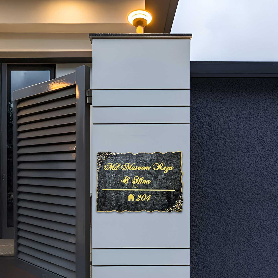 Personalized Resin Metallic Golden And Black Name Plate - Mounted on Exterior Wall Near Gate