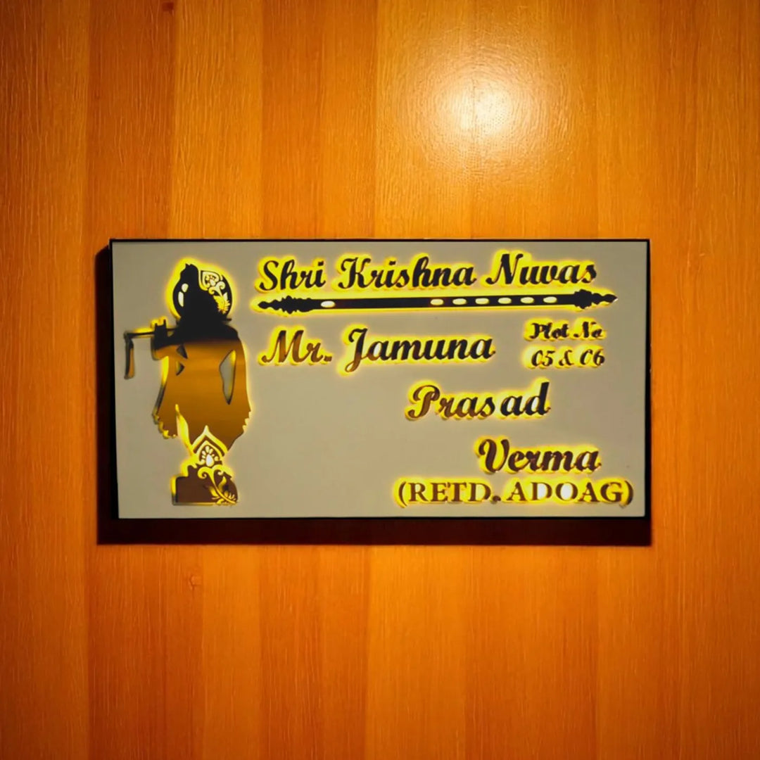 Personalized Krishna Theme Acrylic Name Plate With Lights