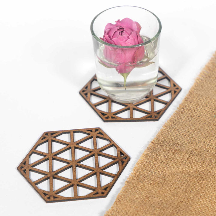 Hexagon Sleek Laser-Cut Finish MDF Coaster Set | Set of 6