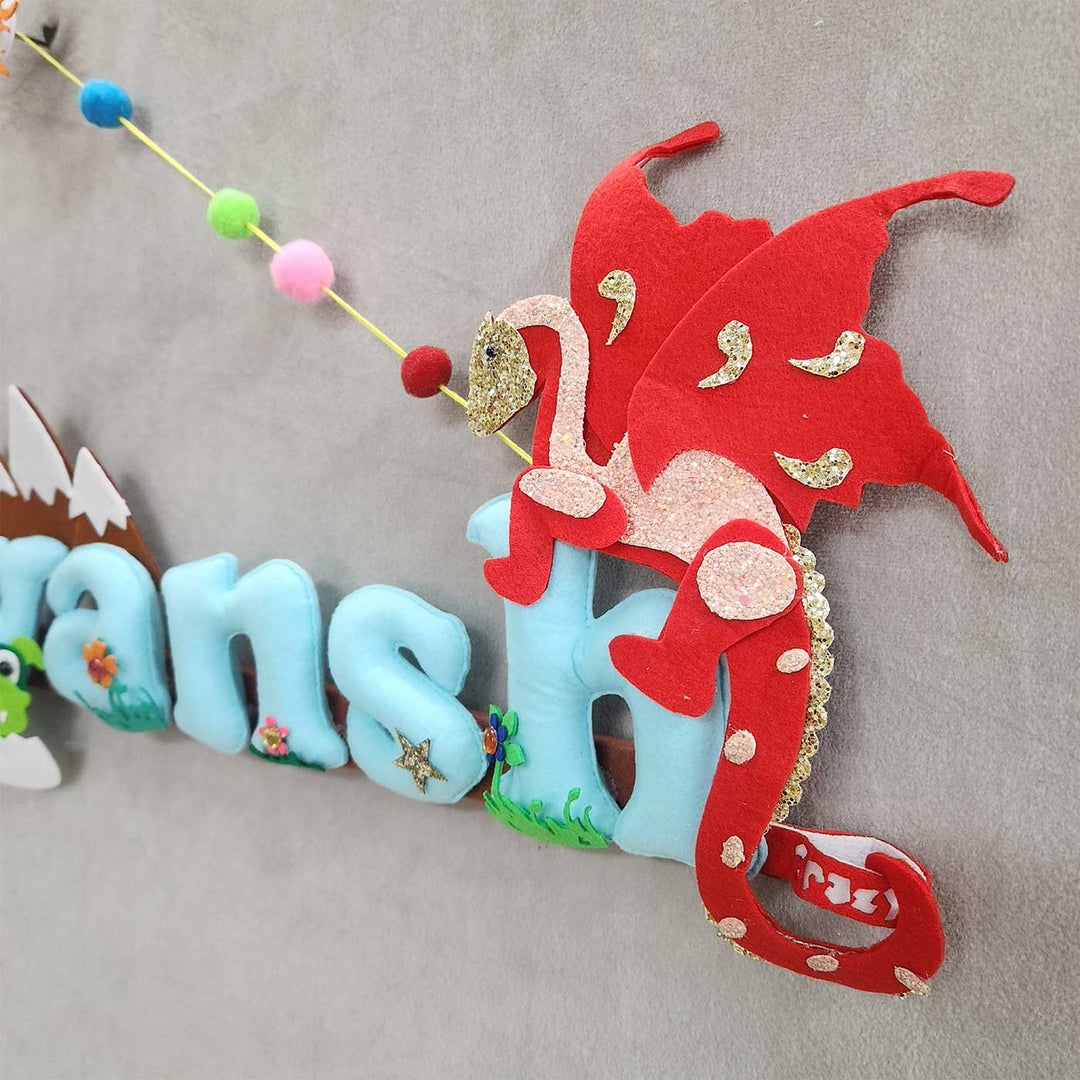 Personalized Dragon Theme Felt Kids Name Plate - Close-up Side View Showing Depth