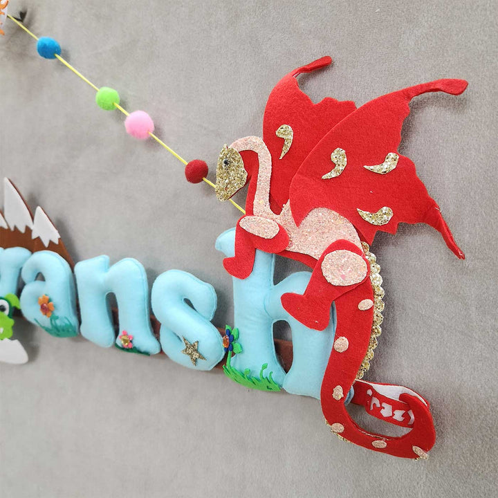 Personalized Dragon Theme Felt Kids Name Plate - Close-up Side View Showing Depth