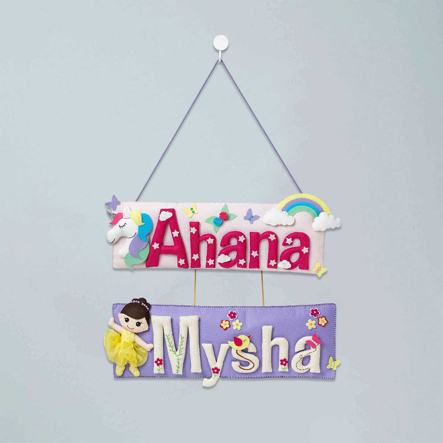 Customized Handcrafted Unicorn Theme Felt Name Plate For Kids For Siblings - Hanging Door Sign Front View