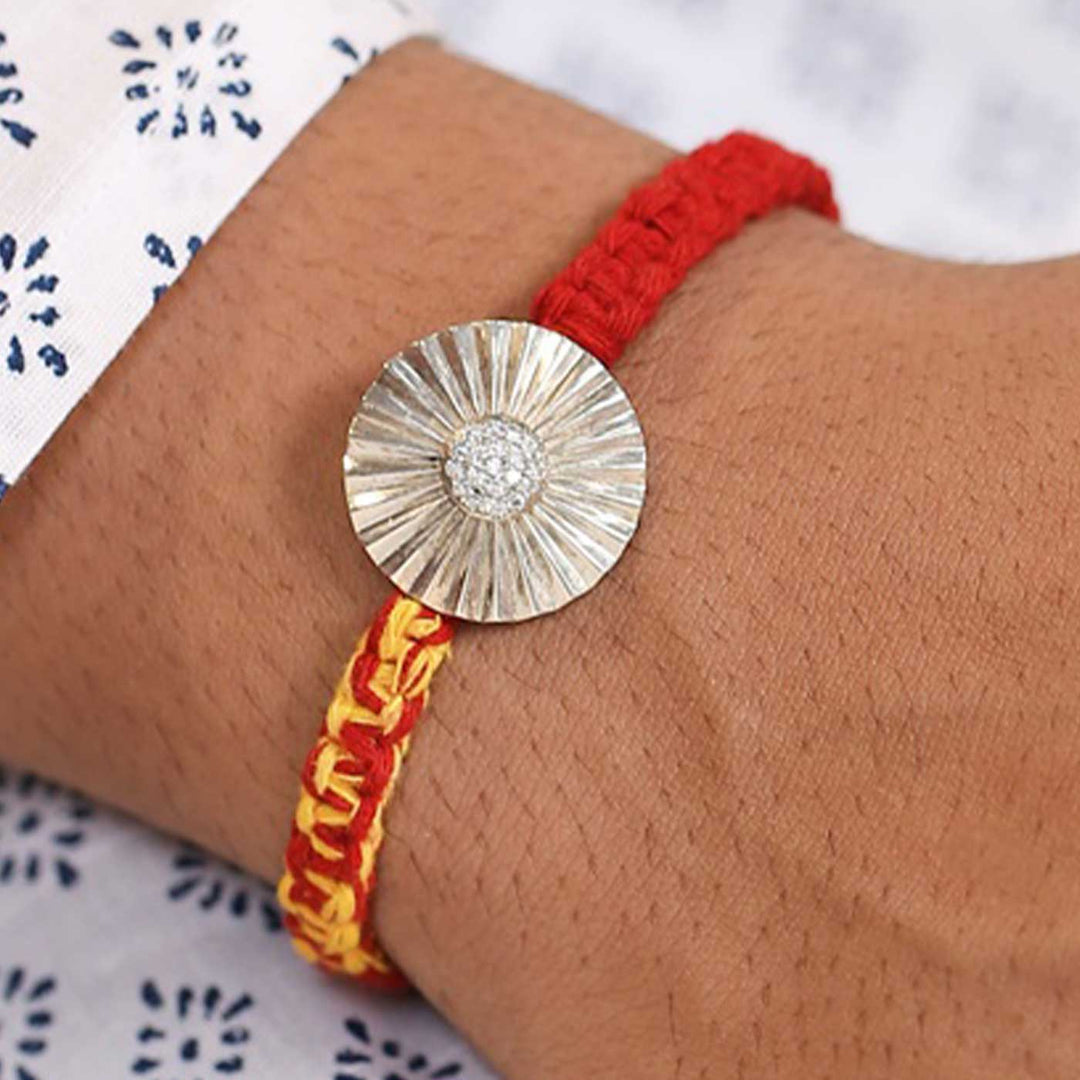 Handmade Sun Design Silver Rakhi For Brother - Worn on Wrist