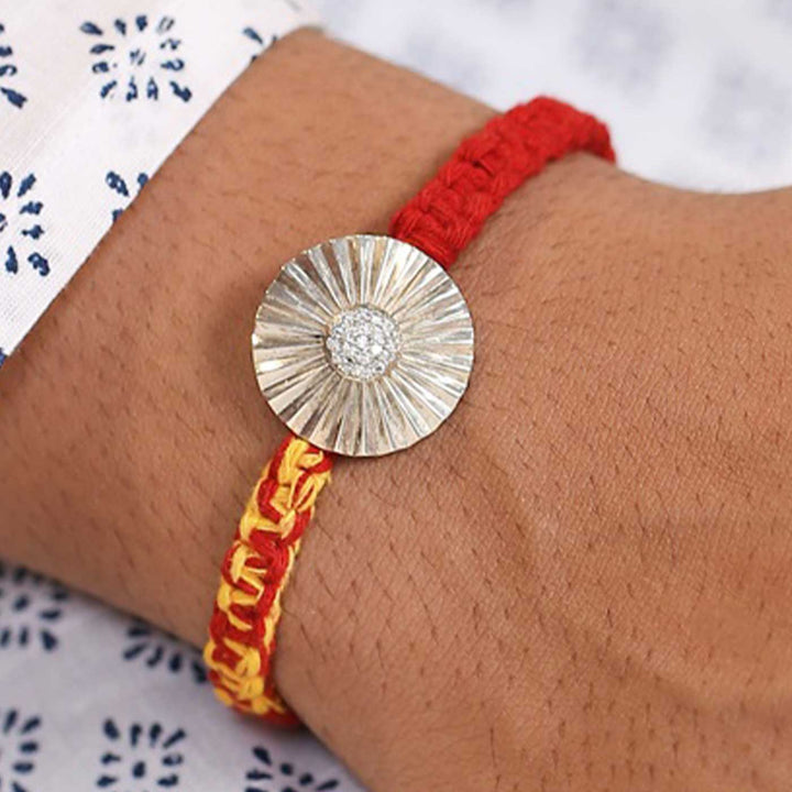 Handmade Sun Design Silver Rakhi For Brother - Worn on Wrist