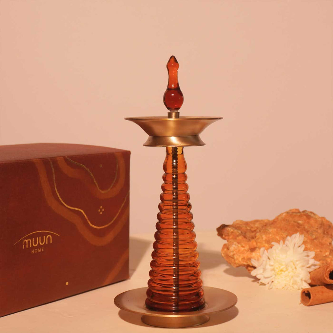 Handmade Borosilicate Nilavilakku Glass And Brass 5-Wick Oil Lamp For Pooja Decor | Tall