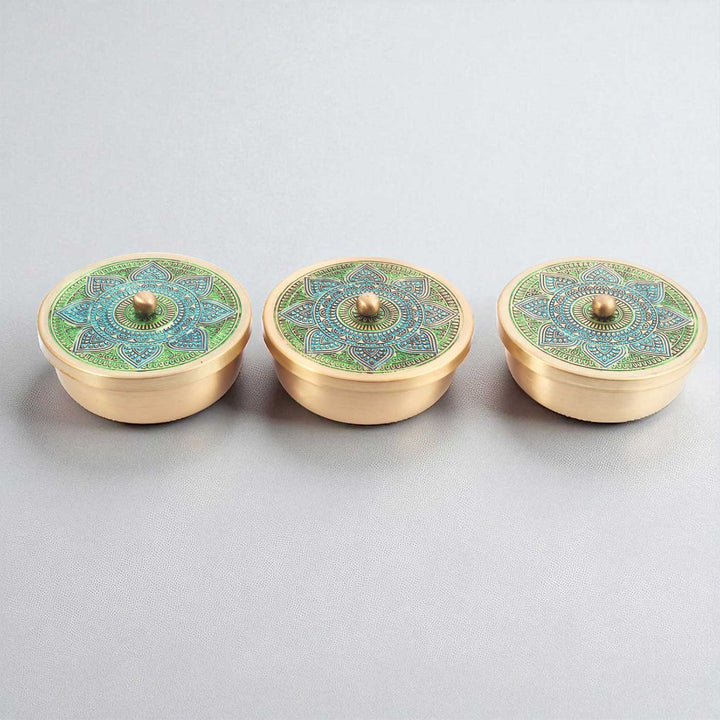 Hand-Painted Vrinda Brass Gift Hamper | Includes 3 Containers And 1 Gift Box