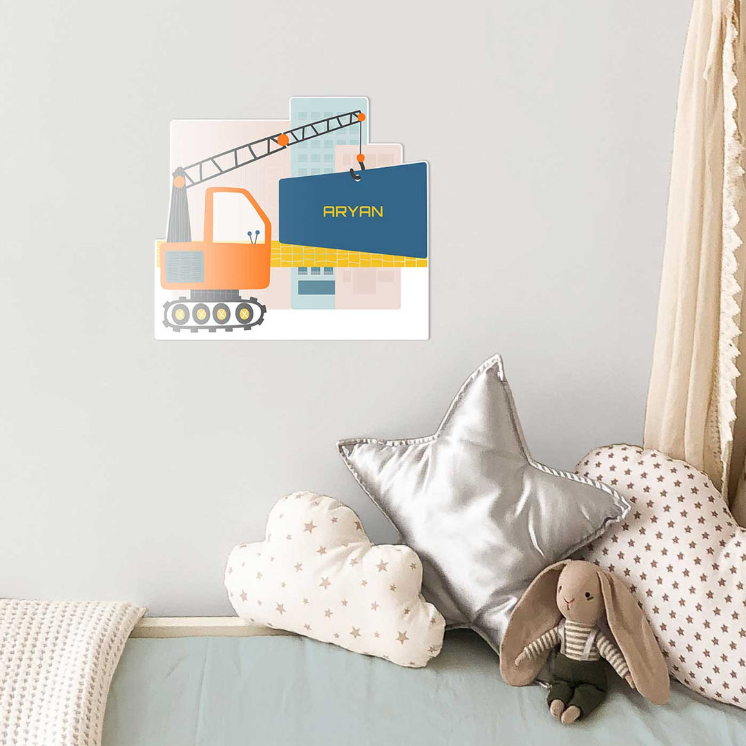 Personalized Lets Build Theme Acrylic Kids Name Plate - Mounted on Wall Above Bed