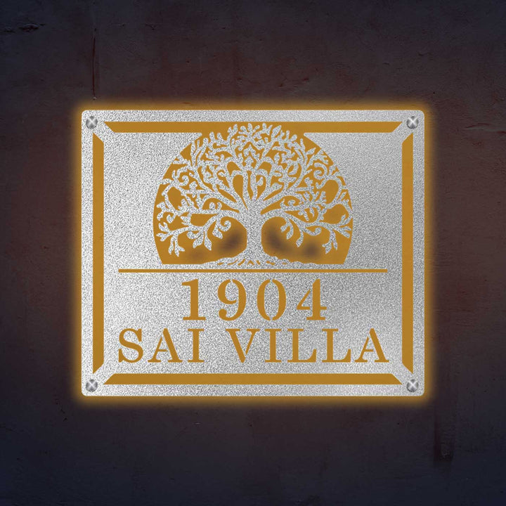 Personalized Laser Cut Tree Of Life Theme Steel Name Plate - Front View Mounted on Wall