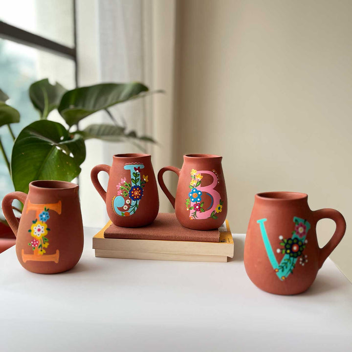 Personalized Hand-painted Floral Theme Monogram Terracotta Mug - Q
