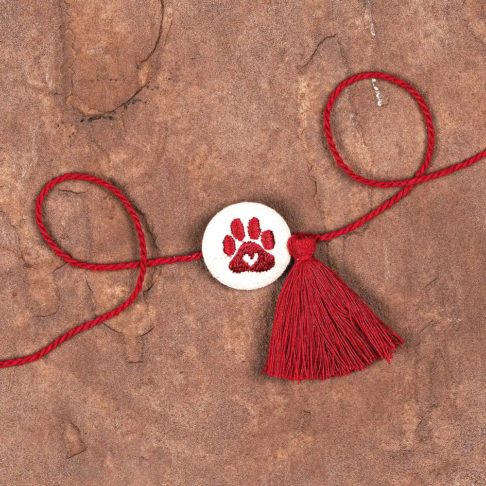 Hand Embroidered Paw Rakhi With Roli Chawal For Pets - Close-up of central embroidered charm