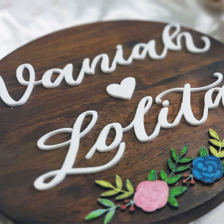 Personalized Round Floral Theme Wooden Name Plate - Name Personalization Example Close-up
