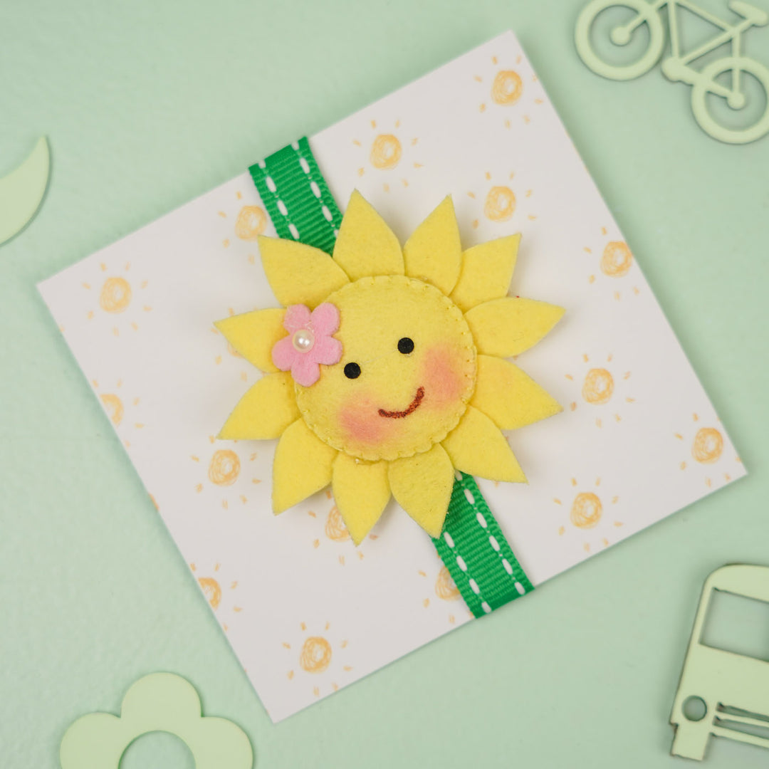 Handmade Sunflower Theme Felt Kids Rakhi With Roli Chawal - Front View on Gift Card