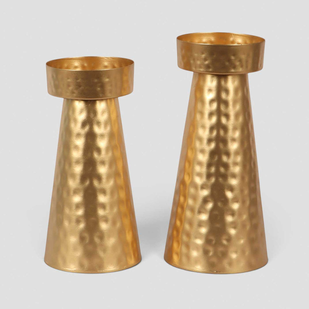Set of 2 | Handmade Gold Hammered Cone Metal Tealight Holders For Festive Decor