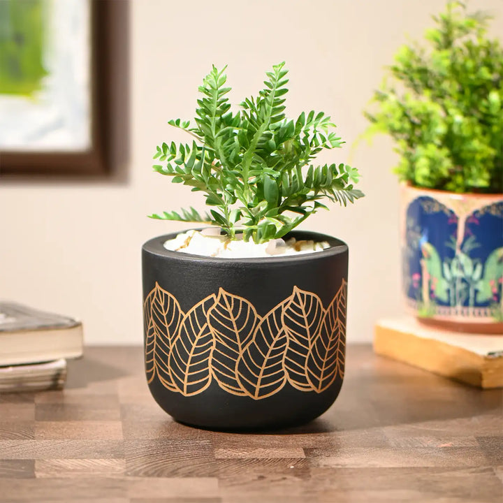 Handmade Black & Golden Leaves Design Terracotta Planter