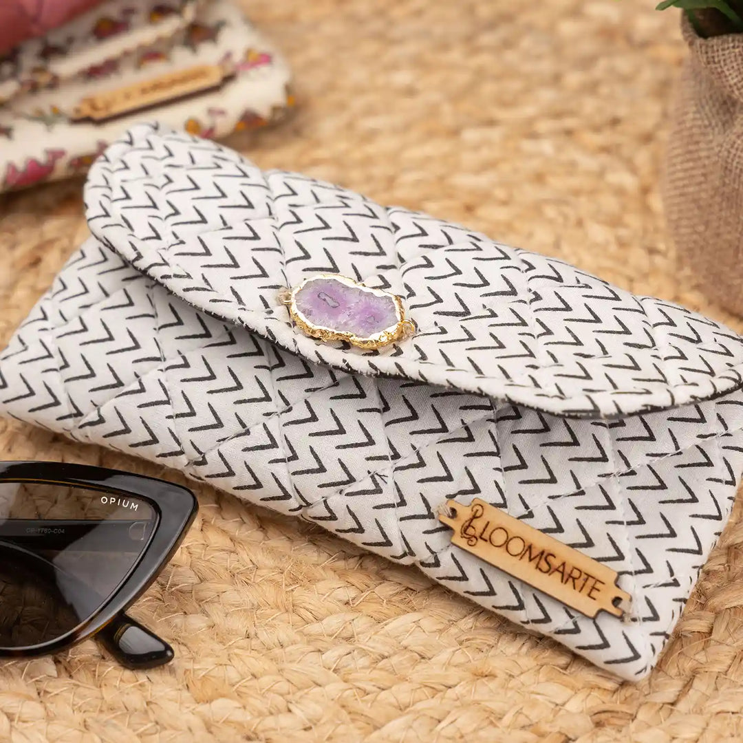 Black And White Cotton Protective & Stylish Ecofriendly Spectacle Case With Agate Accent | 7 x 3.75 inch