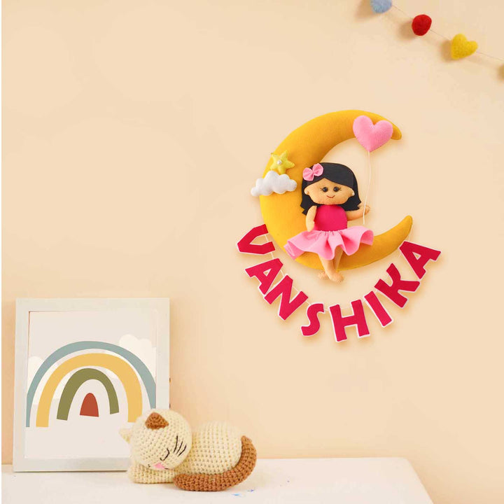 Personalized Handmade Baby On Moon Felt Kids Name Plate