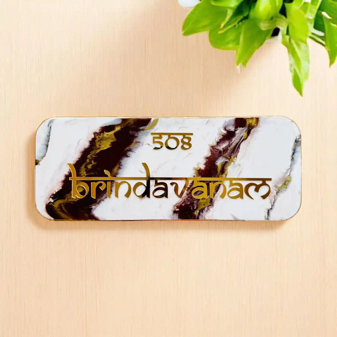 White & Brown Personalized Marble Effect Rectangle Resin Name Plate | With 3D Acrylic Letters