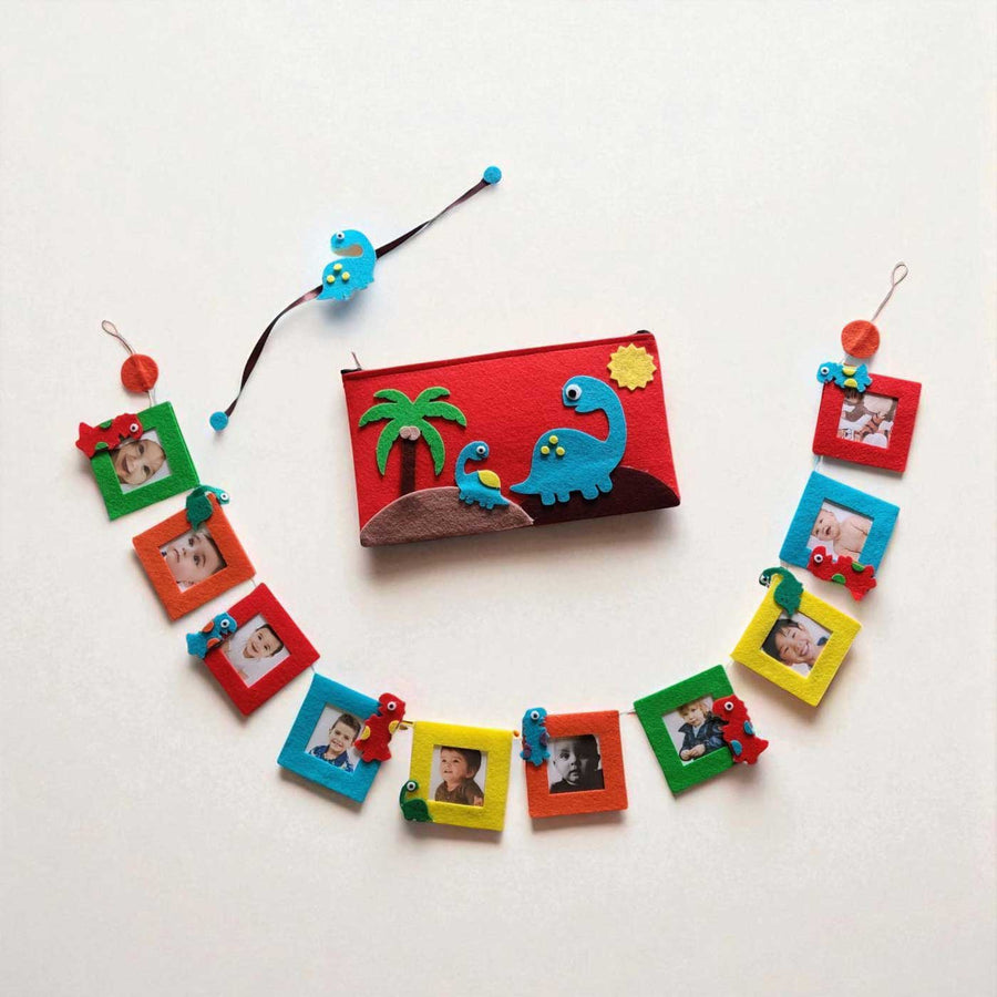 Handmade Dinosaur Theme Felt Rakhi And Gift Combo Includes 1 Rakhi 1 Photo Bunting And 1 Pouch - Photo Frame Bunting with Pouch