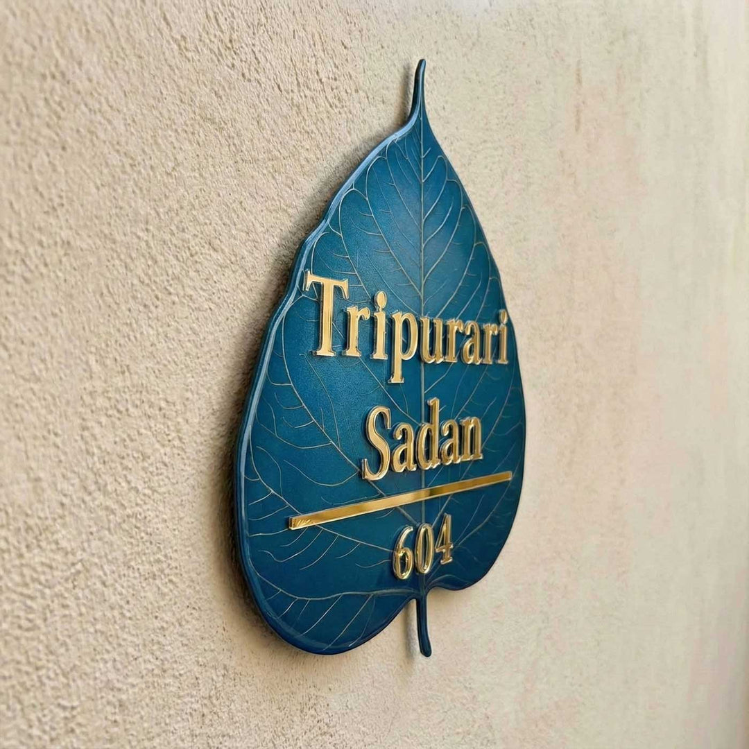 Blue Personalized Leaf Shape Resin Name Plate | With 3D Acrylic Letters