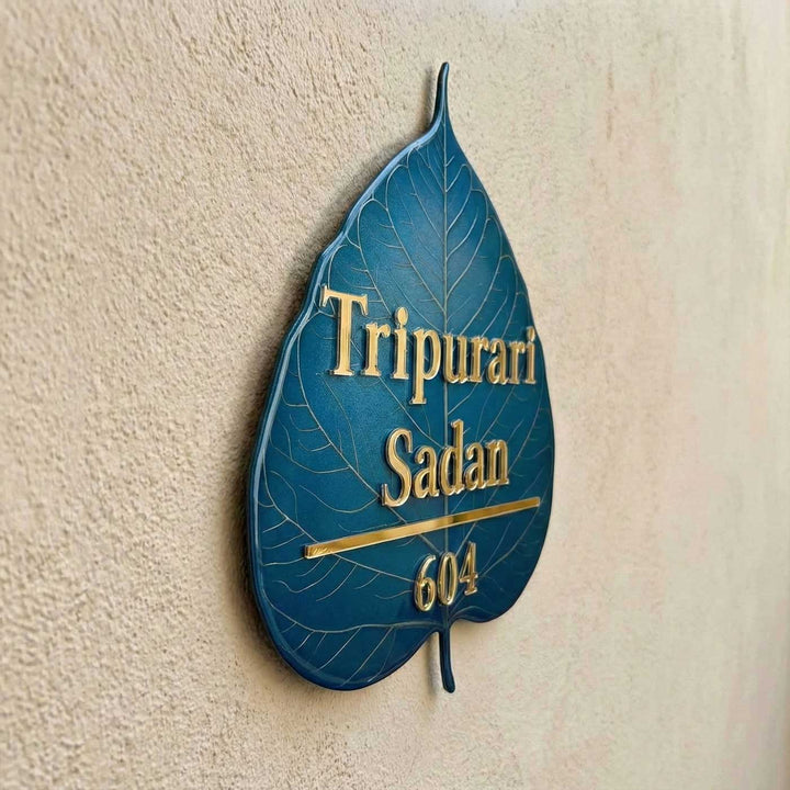 Blue Personalized Leaf Shape Resin Name Plate | With 3D Acrylic Letters