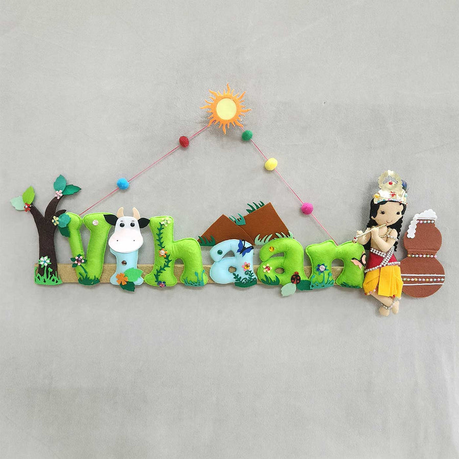 Personalized Shri Krishna Theme Felt Kids Name Plate - Front View Hanging on Wall