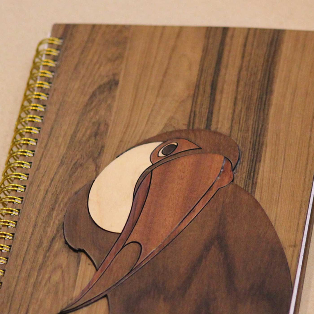 Handmade Toucan Bird Teak Wood Notebook | A5 Size | Spiral Bound | 100 Plain Pages