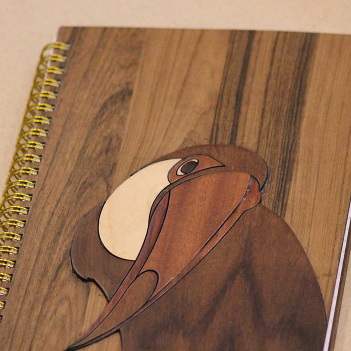 Handmade Toucan Bird Teak Wood Notebook | A5 Size | Spiral Bound | 100 Plain Pages