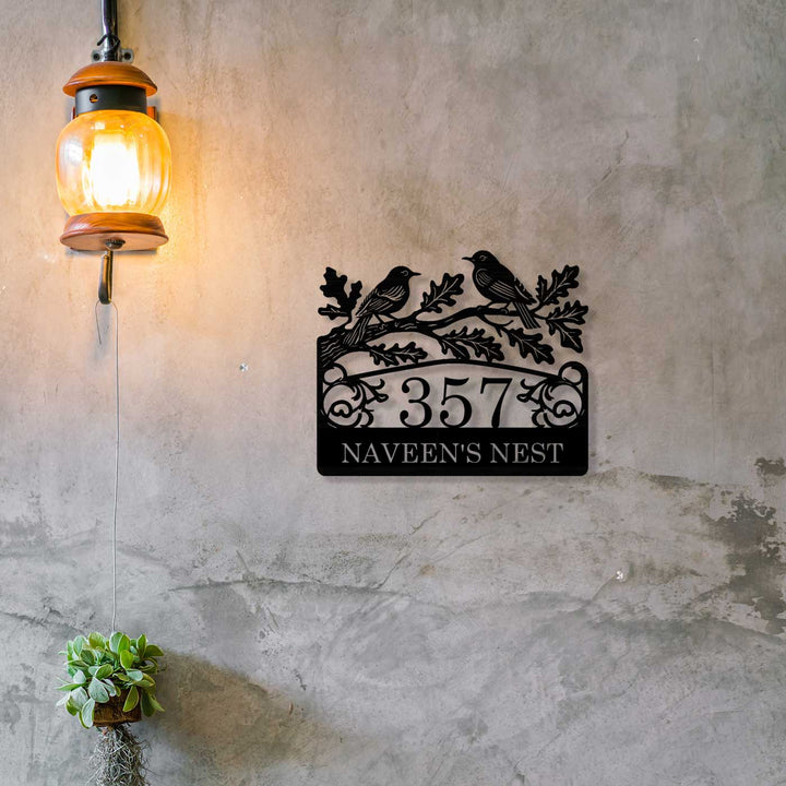 Personalized Laser Cut Birds Theme Steel Name Plate - Mounted on Concrete Wall with Lighting