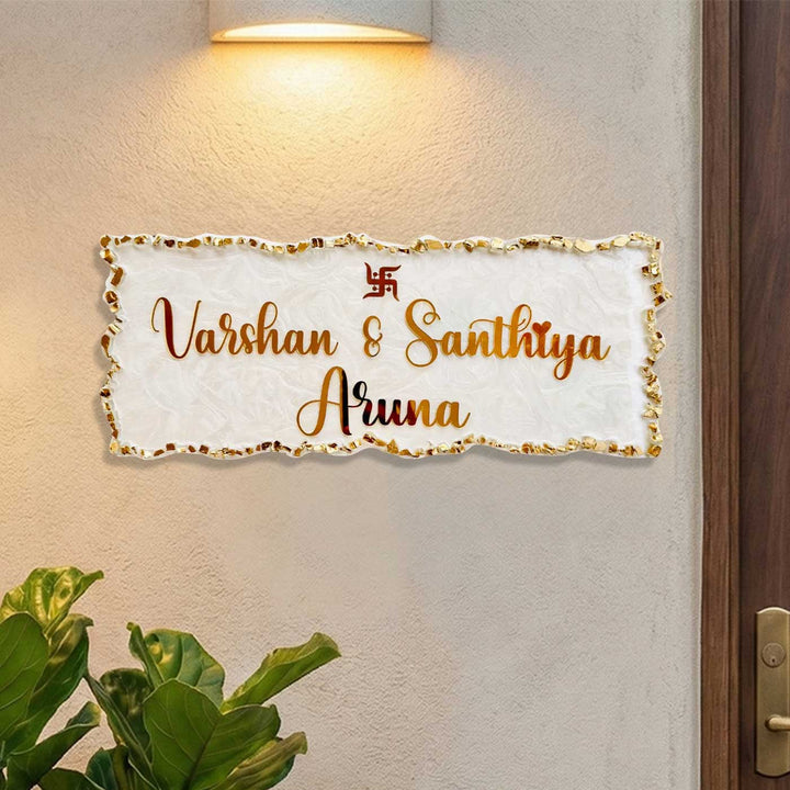 White & Gold Personalized Marble Effect Rectangle Resin Name Plate | With 3D Acrylic Letters & Gold Stone Embellishment