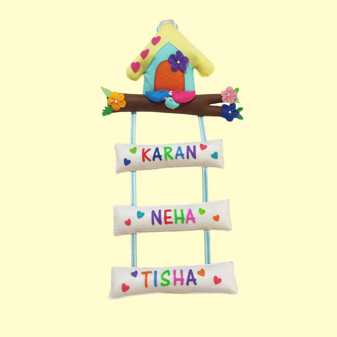 Personalized Handmade Tree House Felt Name Plate - Hanging View with Name Personalization