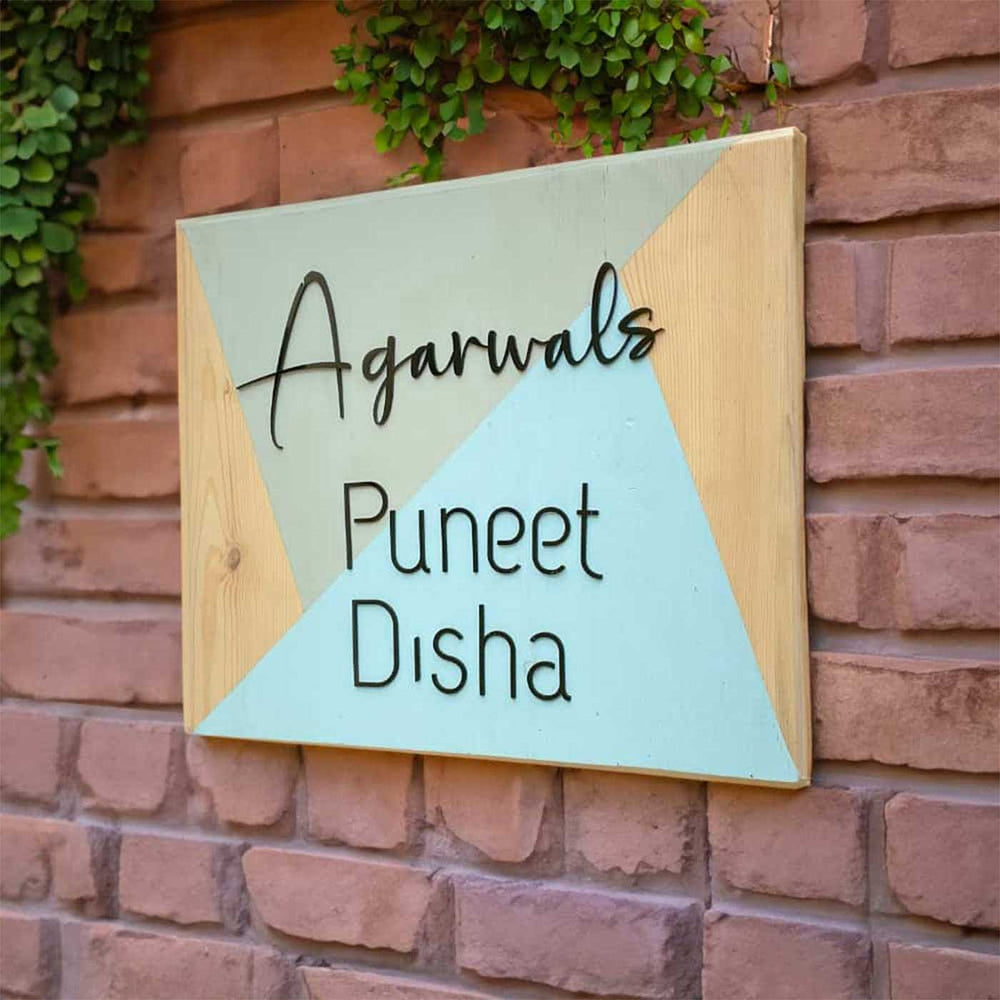 Personalized Minimal Pine Teal Rectangle Pine Wood Name Plate With 3D Letters - Mounted on Brick Wall Outdoor
