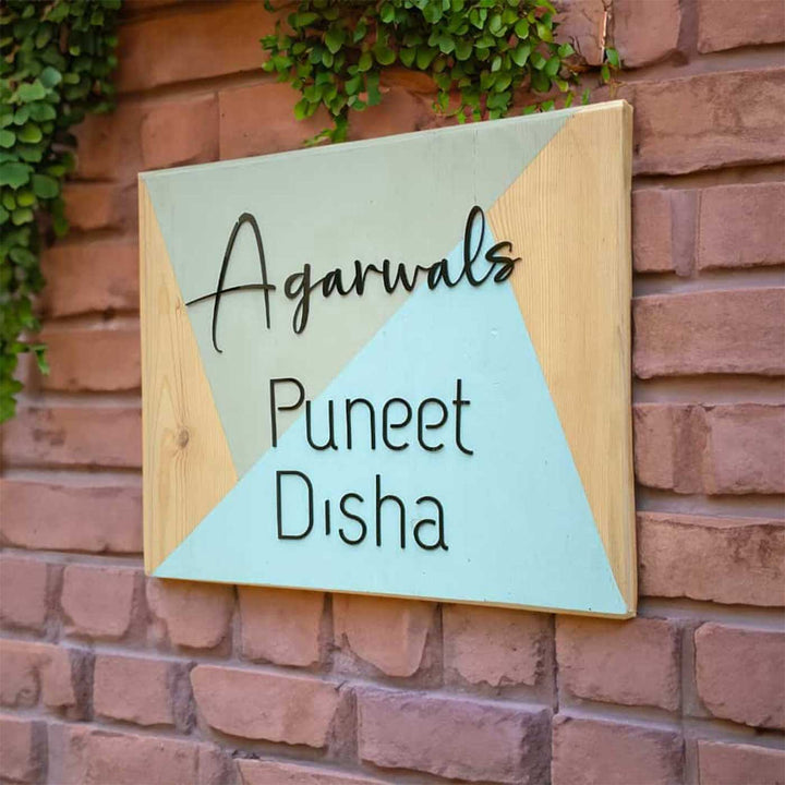 Personalized Minimal Pine Teal Rectangle Pine Wood Name Plate With 3D Letters - Mounted on Brick Wall Outdoor
