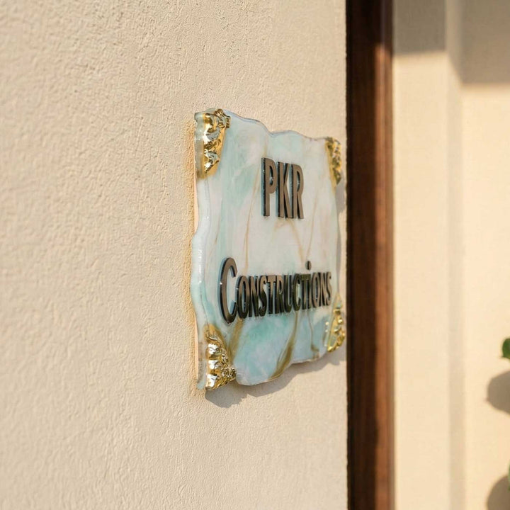 Blue & Gold Personalized Marble Effect Wavy Rectangle Resin Name Plate | With 3D Acrylic Letters & Gold Stone Embellishment