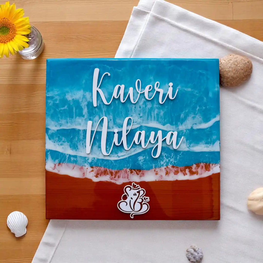 Light Blue & Red Personalized Beach Effect Rectangle Resin Name Plate | With 3D Acrylic Letters