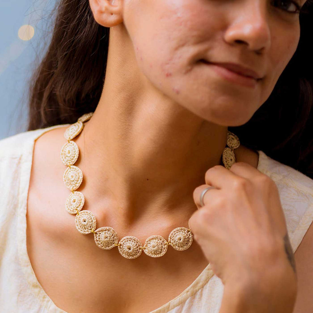 Handmade Crochet Beige Ornate Tikki Necklace