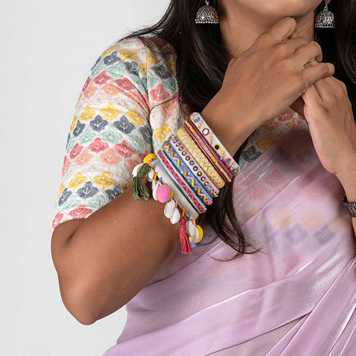 Pastel Handcrafted Navya Beaded Tassel Hanging with Shell Bangles | Set of 7