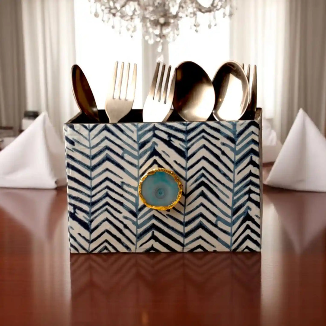 Blue Cotton Fabric Coated MDF Cutlery Holder With Agate Accent | 6 x 4 x 3.5 inch