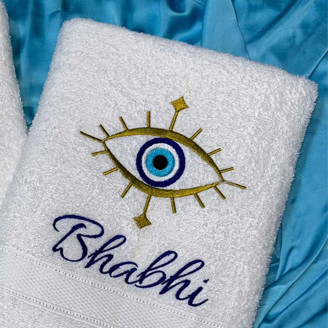 Personalized Embroidered Evil Eye Theme Cotton Bath Towel For Bhaiya And Bhabhi | Set Of 2