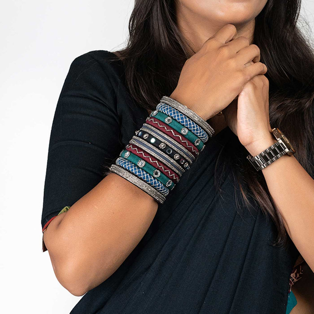 Multicolour Handcrafted Krisha Silver Beads & Mirror Work Bangles | Set of 11