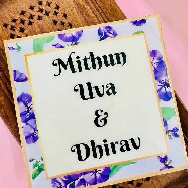 Blue Botanical Personalized Printed Square Resin Name Plate