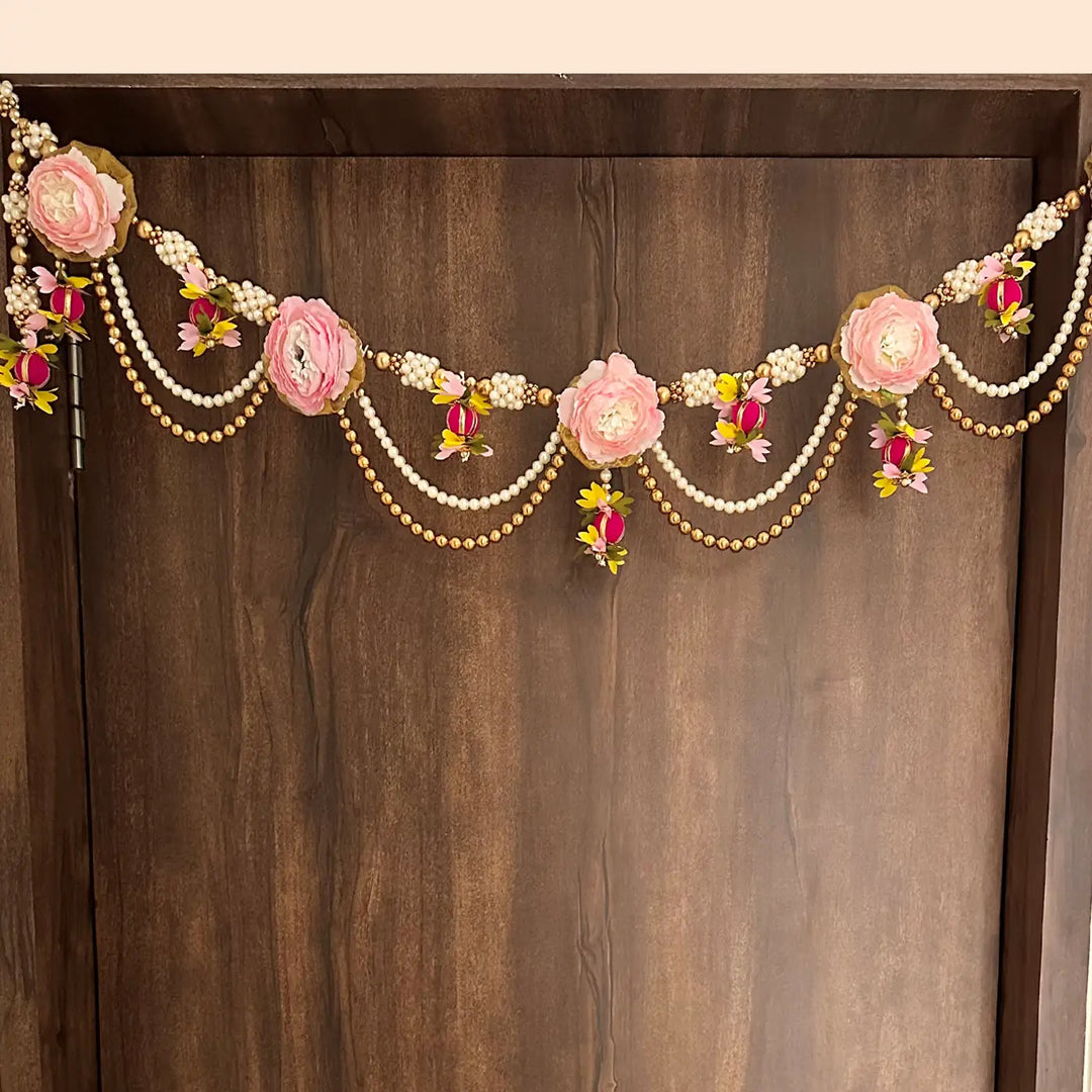 40 / 44 In | Handmade Beaded Pink Rose Flower & Moti Toran