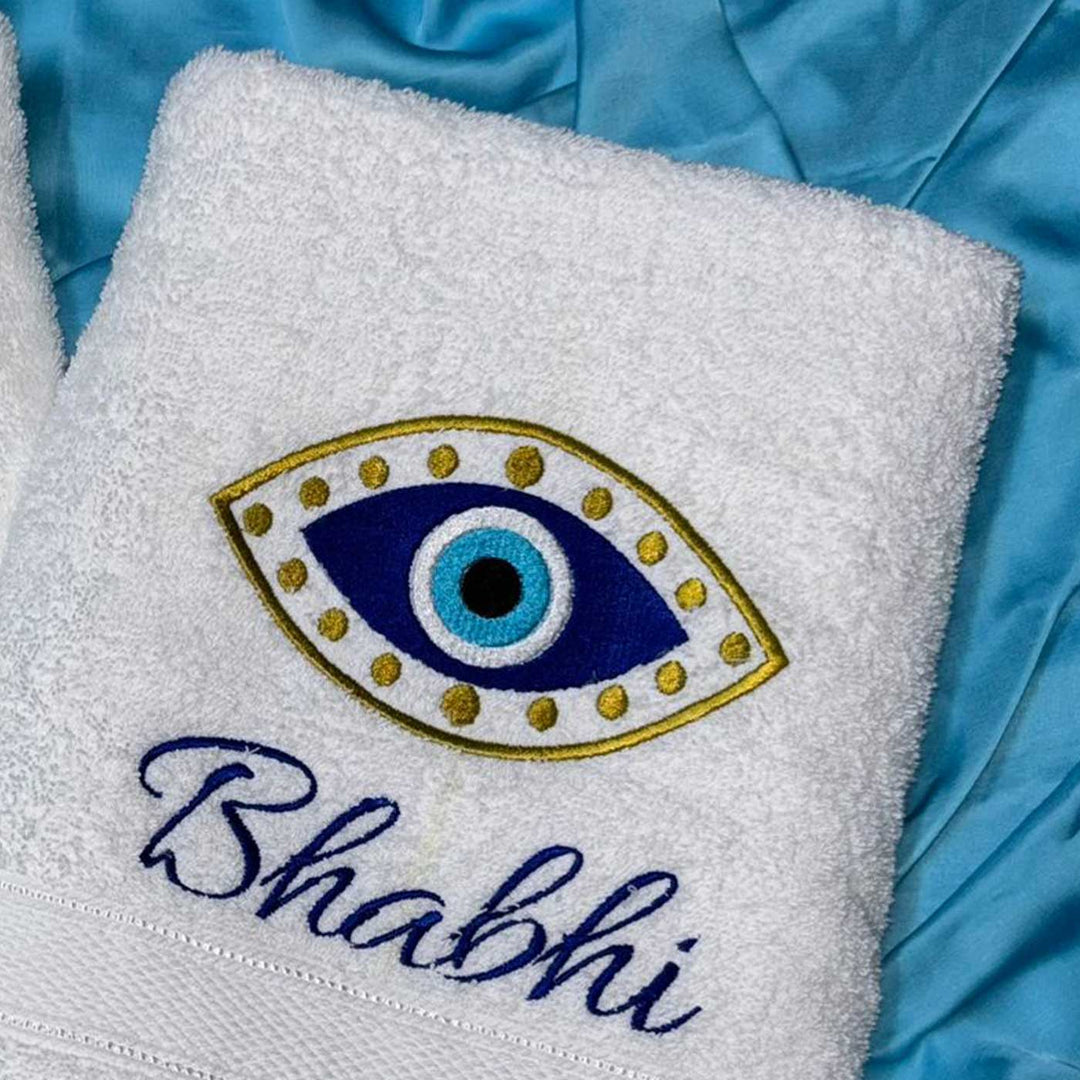 Personalized Embroidered Evil Eye Theme Cotton Bath Towel For Bhaiya And Bhabhi | Set Of 2