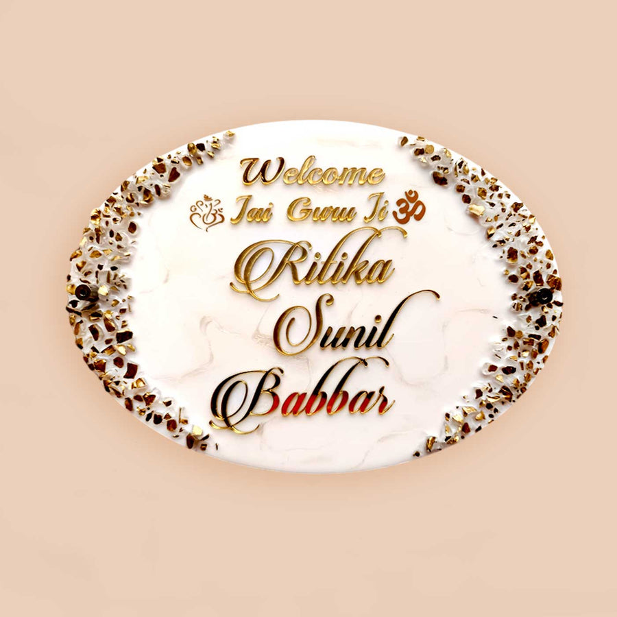Personalized Gold And White Theme Resin And Acrylic Waterproof Name Plate - Front View with Name Personalization