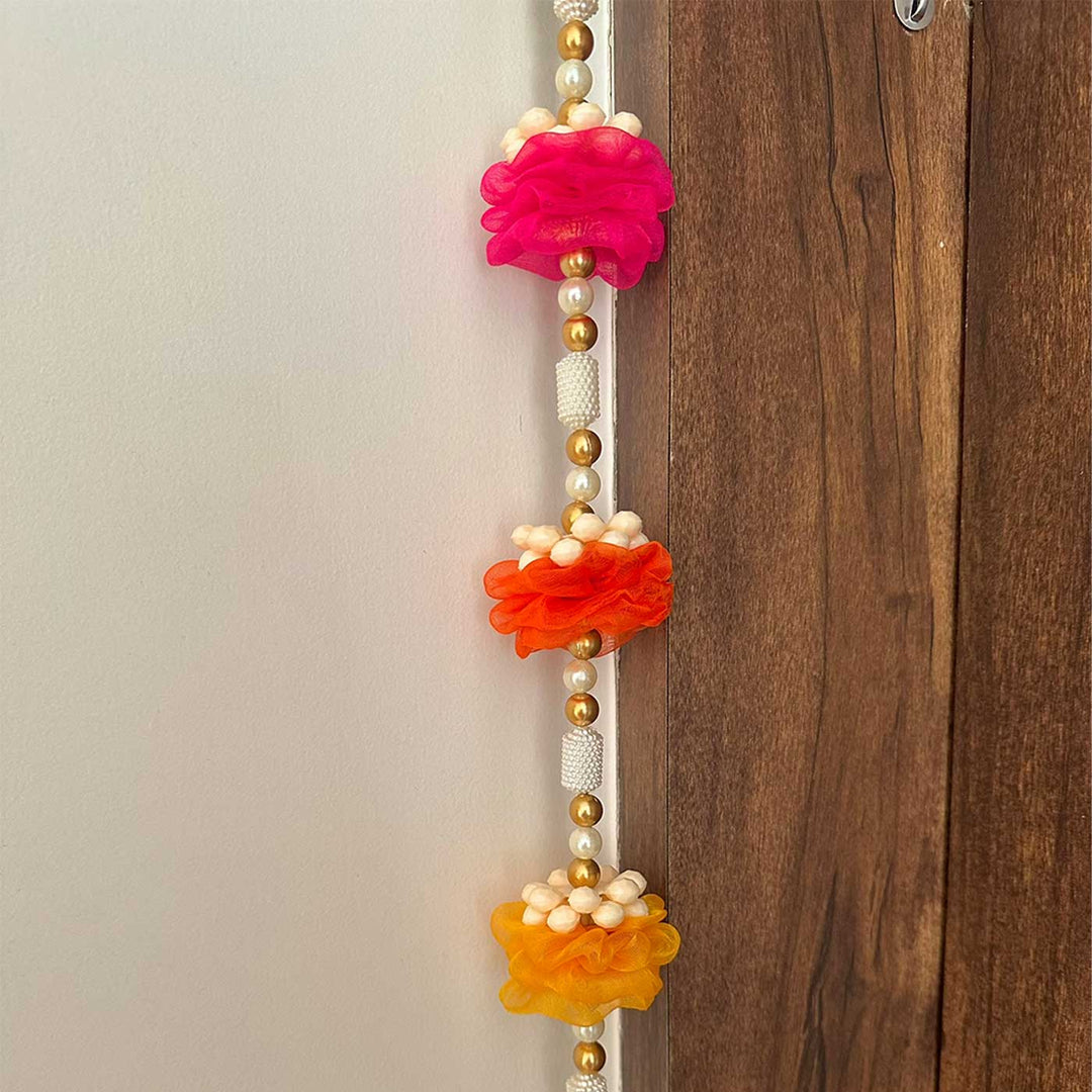 5 Pc | Handmade Multi-Colour Tissue Flower Hangings With Moti Beads