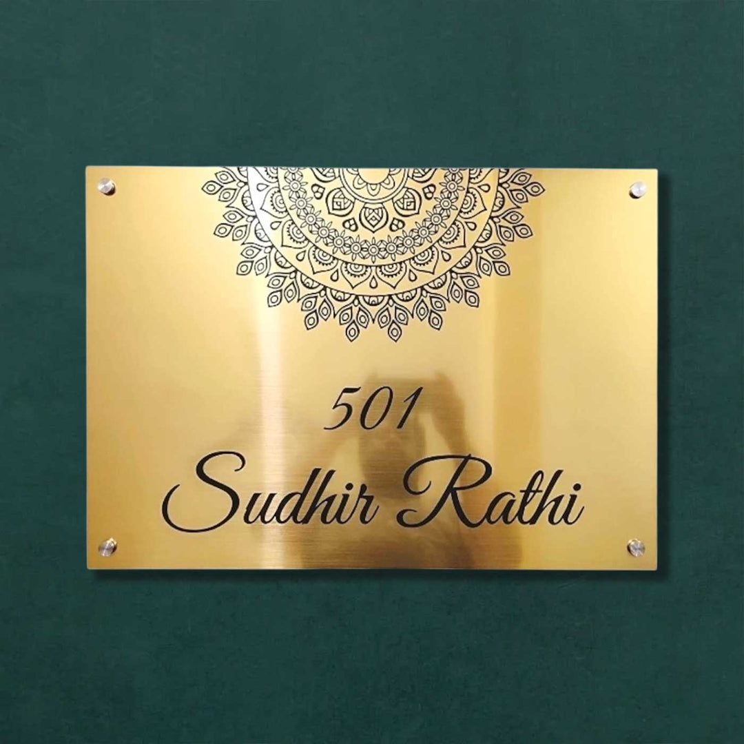 Personalized Weatherproof Stylish Gold Stainless Steel Name Plate - Front View Mounted on Wall