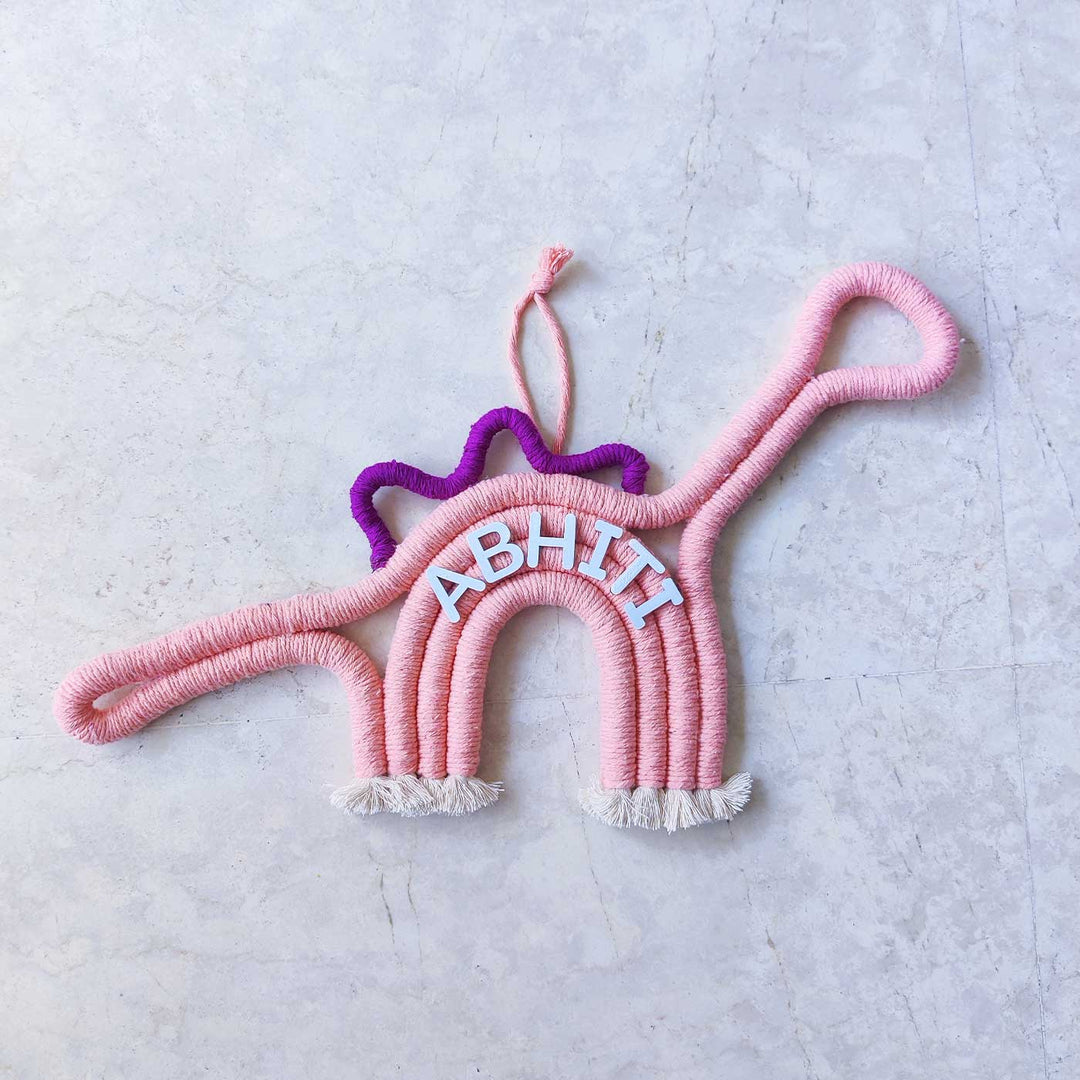 Personalized Handmade Macrame Dinosaur Kids Name Plate With 3D Letters - Name Personalization Example