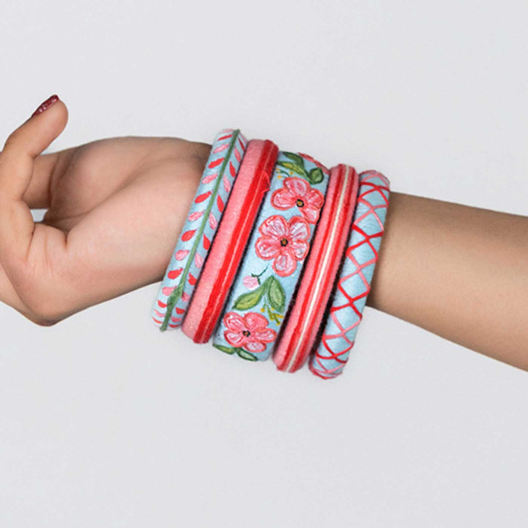 Blue & Pink Handcrafted Periwinkle Bangles | Set of 5